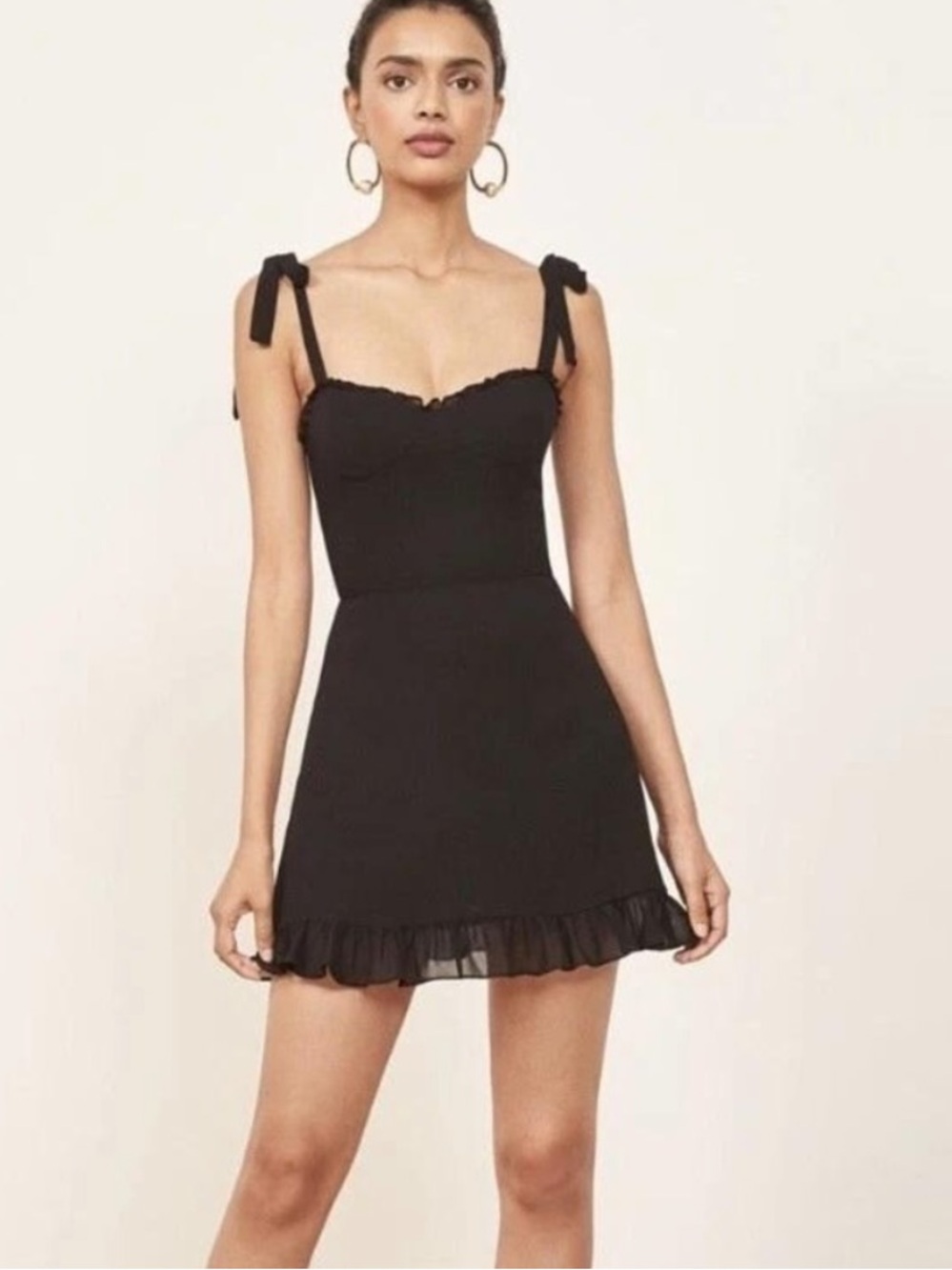 Reformation Black Tie-Shoulder Ruffle Mini Dress